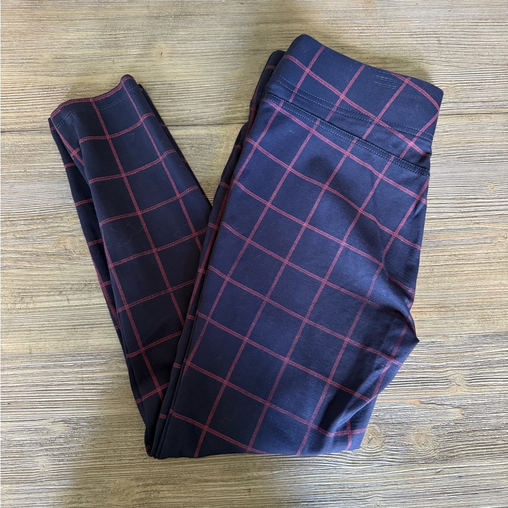 LOFT Navy & Red Windowpane Check Leggings